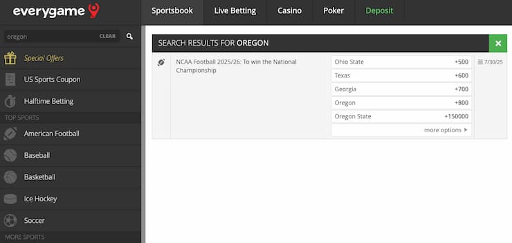 An image of the betting screen from Everygame, a popular online sportsbook in Oregon.